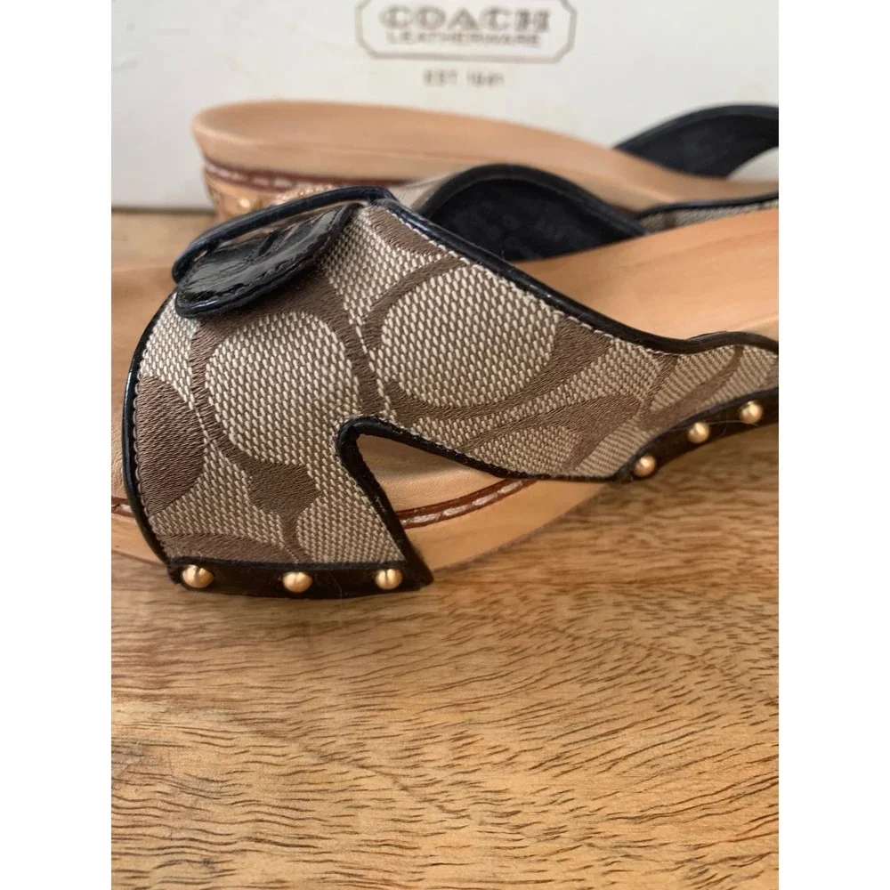 Vintage Coach Lee Sandal Signature Logo Cavas Wood Heel Patent Leather Women 8.5 - Picture 9 of 16